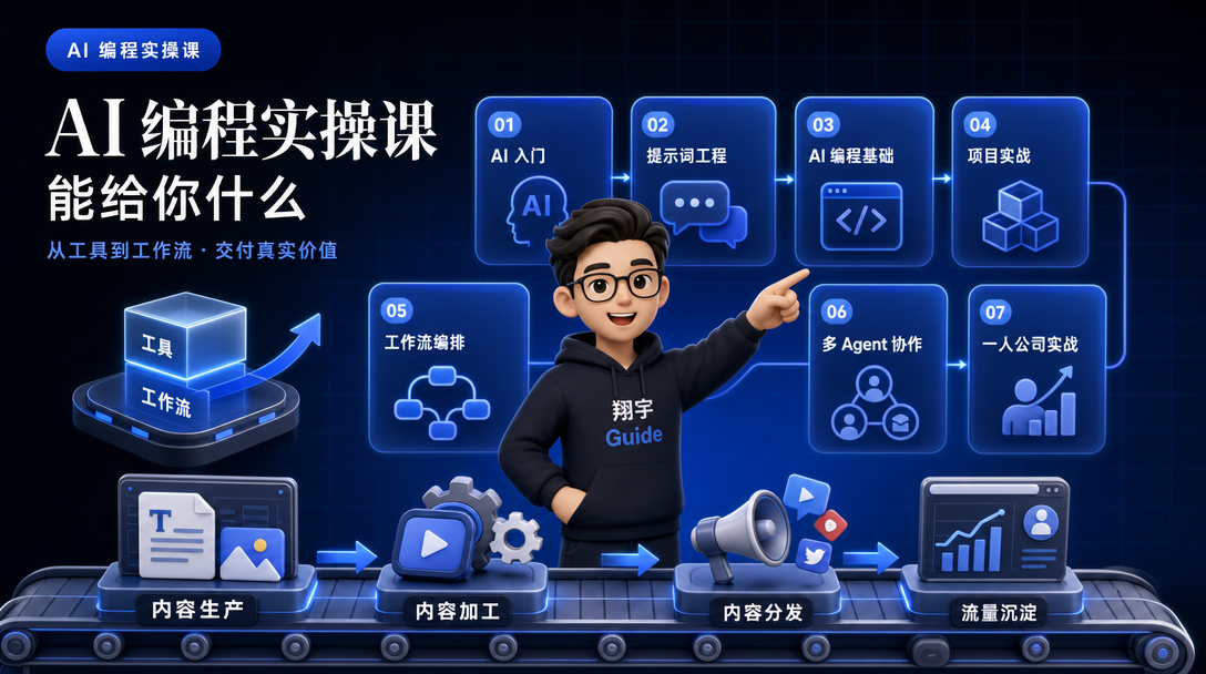 AI 编程实操课内容矩阵：七大板块加内容生产到流量沉淀的全链路