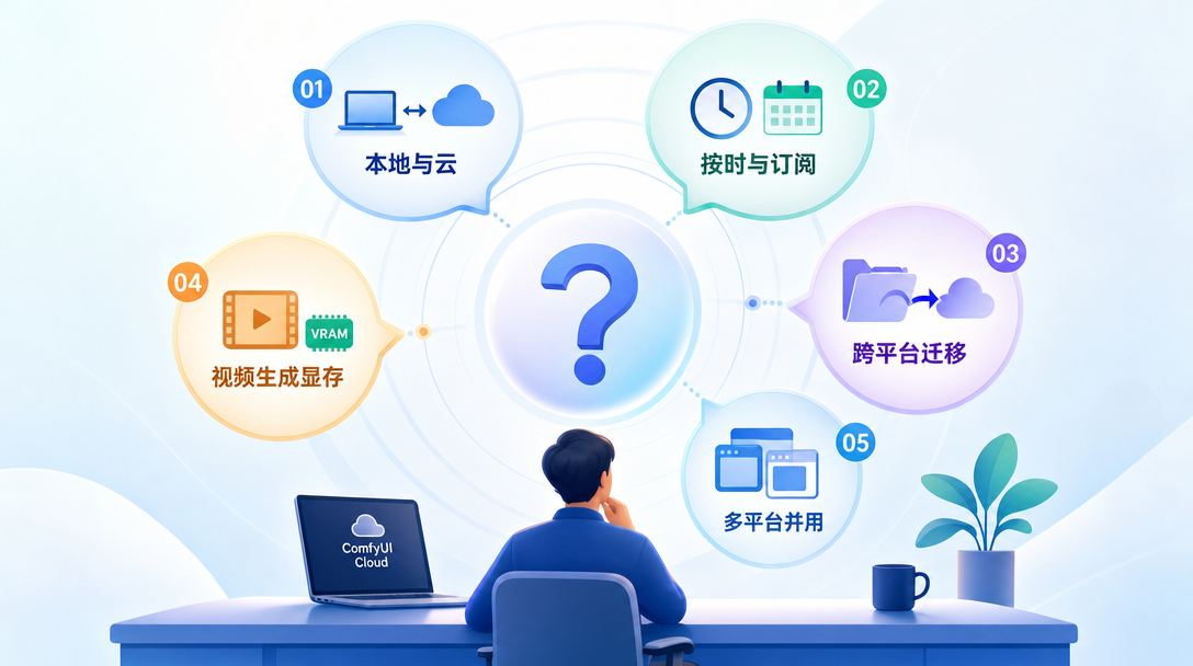 常见问题章节插图：围绕中心问号的对话气泡阵列