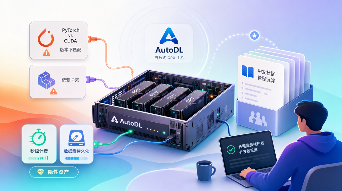 AutoDL 章节插图：开放式 GPU 主机与散落的工具连线和文档卡片