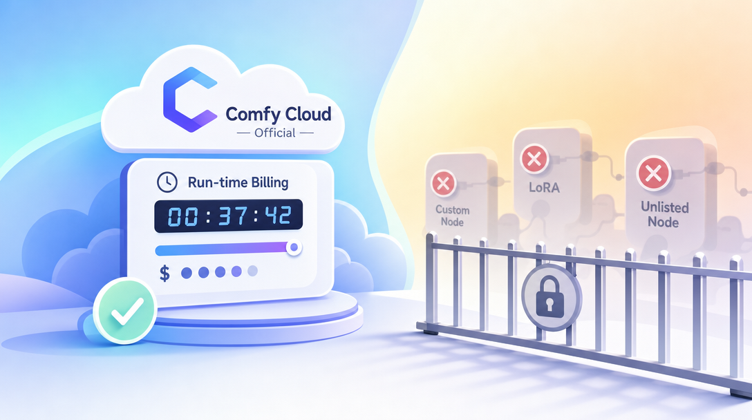 Comfy Cloud 章节插图：官方徽章下的运行计费器与被栏杆挡下的节点
