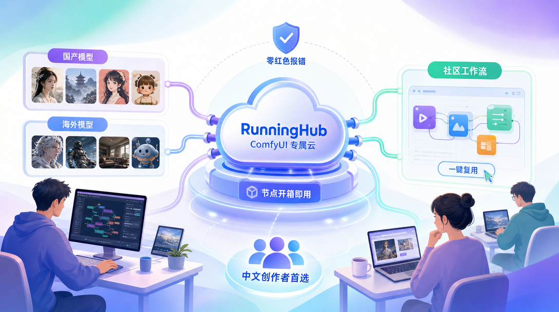 RunningHub 章节插图：节点云端枢纽汇聚东西方模型生态