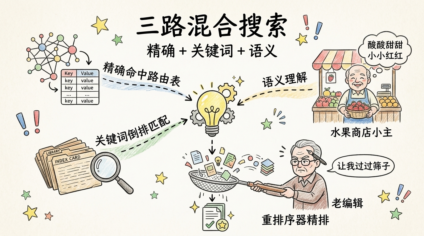 三路混合搜索:精确 + 关键词 + 语义