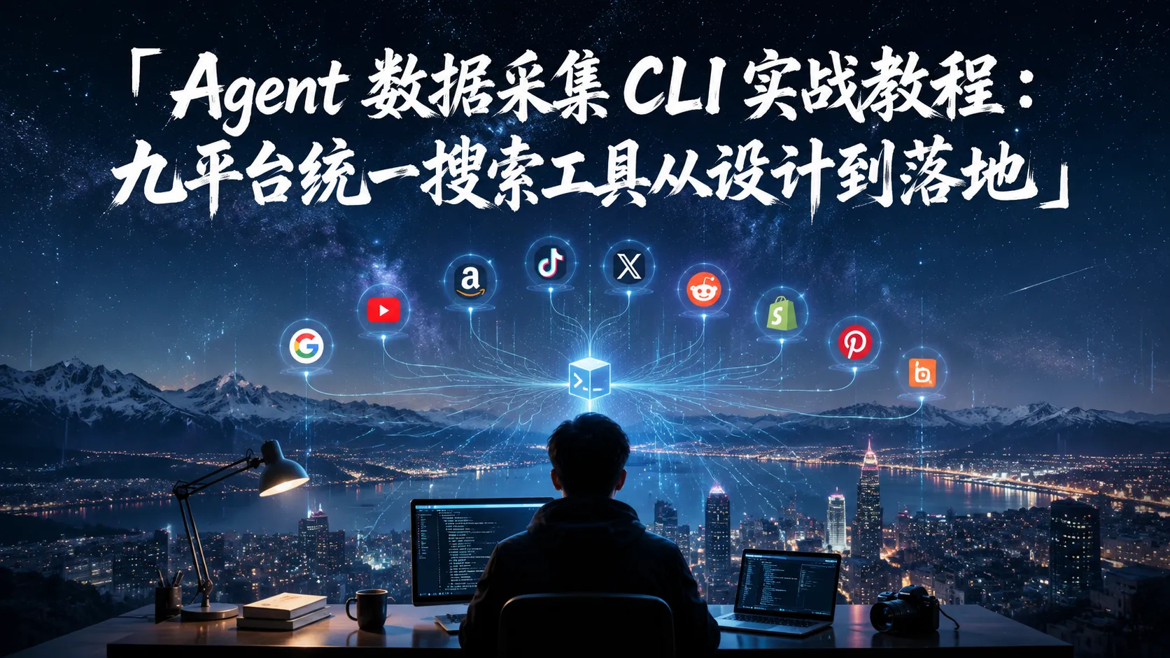 星空城市叙事风格封面：九平台搜索 CLI 文章，深蓝夜空贯穿的宏观全景