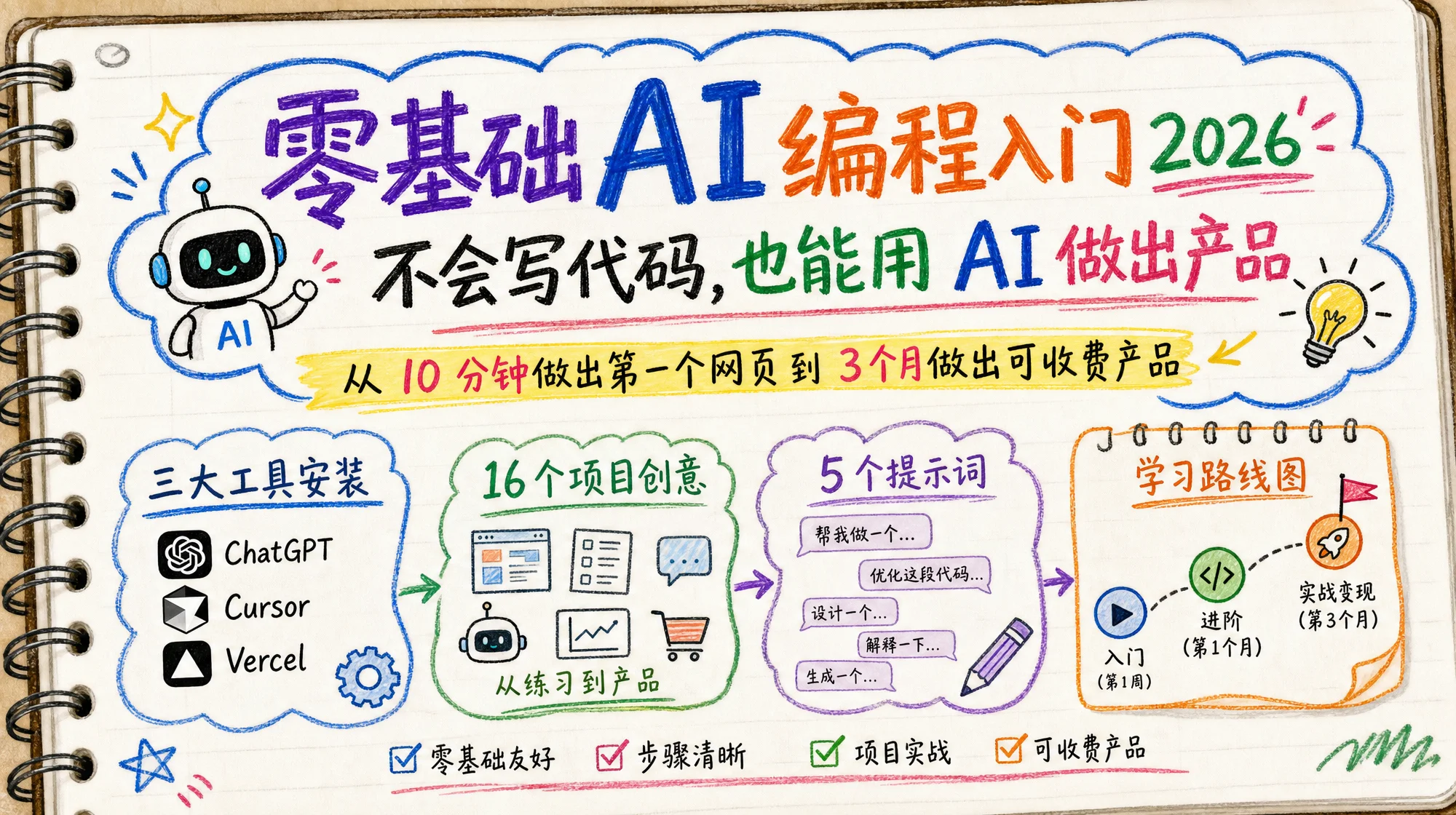 入门引导风格封面：零基础 AI 编程入门文章，门槛可视化的轻快友好风格