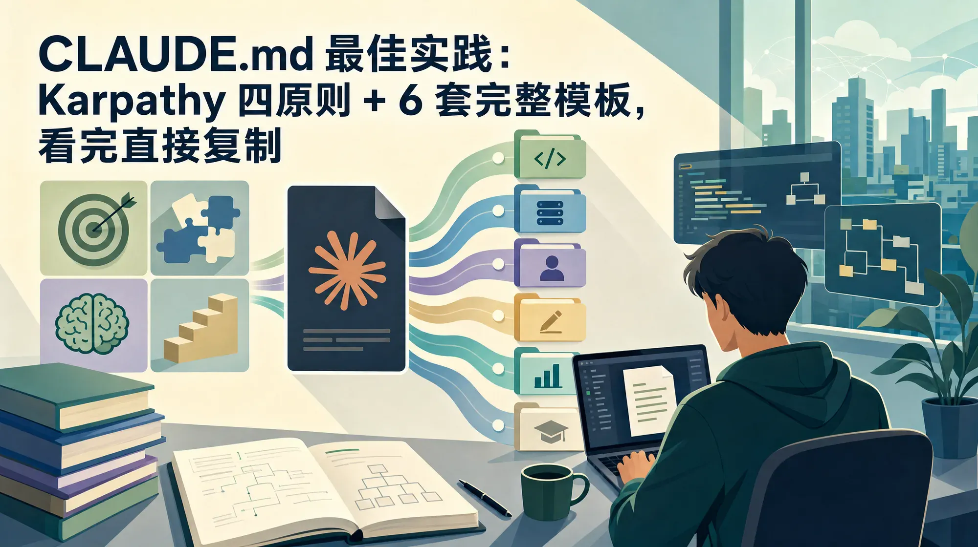 文档结构风格封面：CLAUDE.md 最佳实践文章，分区色块和结构标注