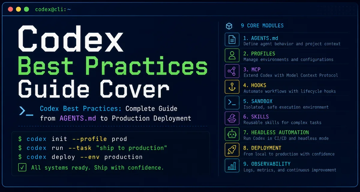 英文示例封面：Codex 最佳实践文章，深色终端和代码高亮的英文提示词风格
