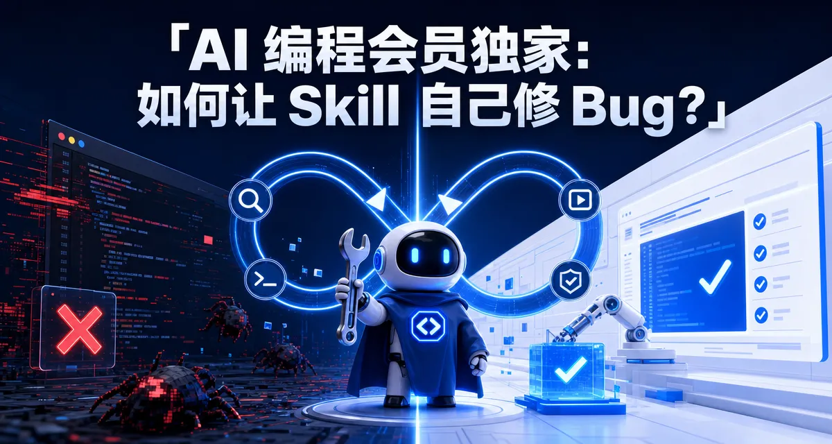 蓝白对比卡风格封面：Skill 自动质检文章，蓝白主色卡片式信息块布局