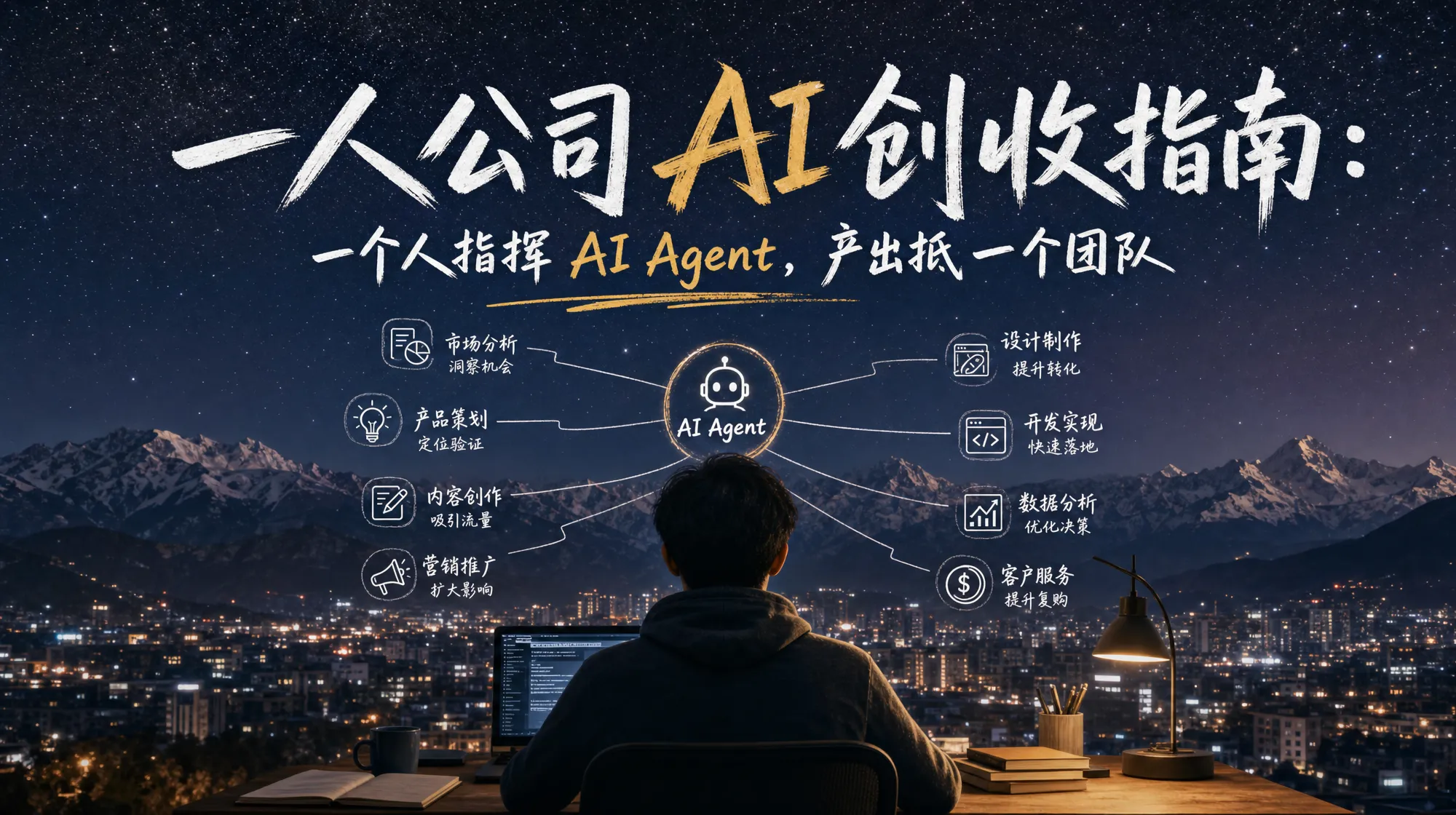 商业信息图风格封面：一人公司 AI 变现指南文章，路径分支可视化