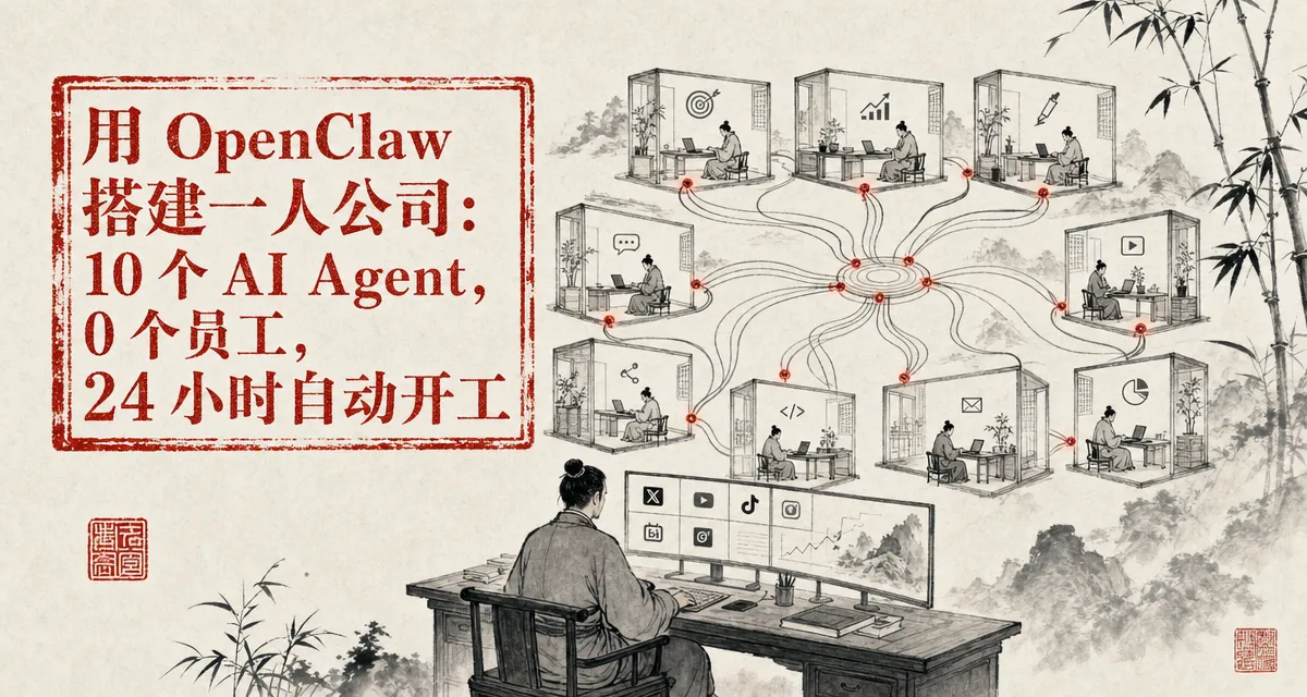 中式朱印风格封面：一人 AI 公司文章，朱红印章和水墨笔触的东方风格