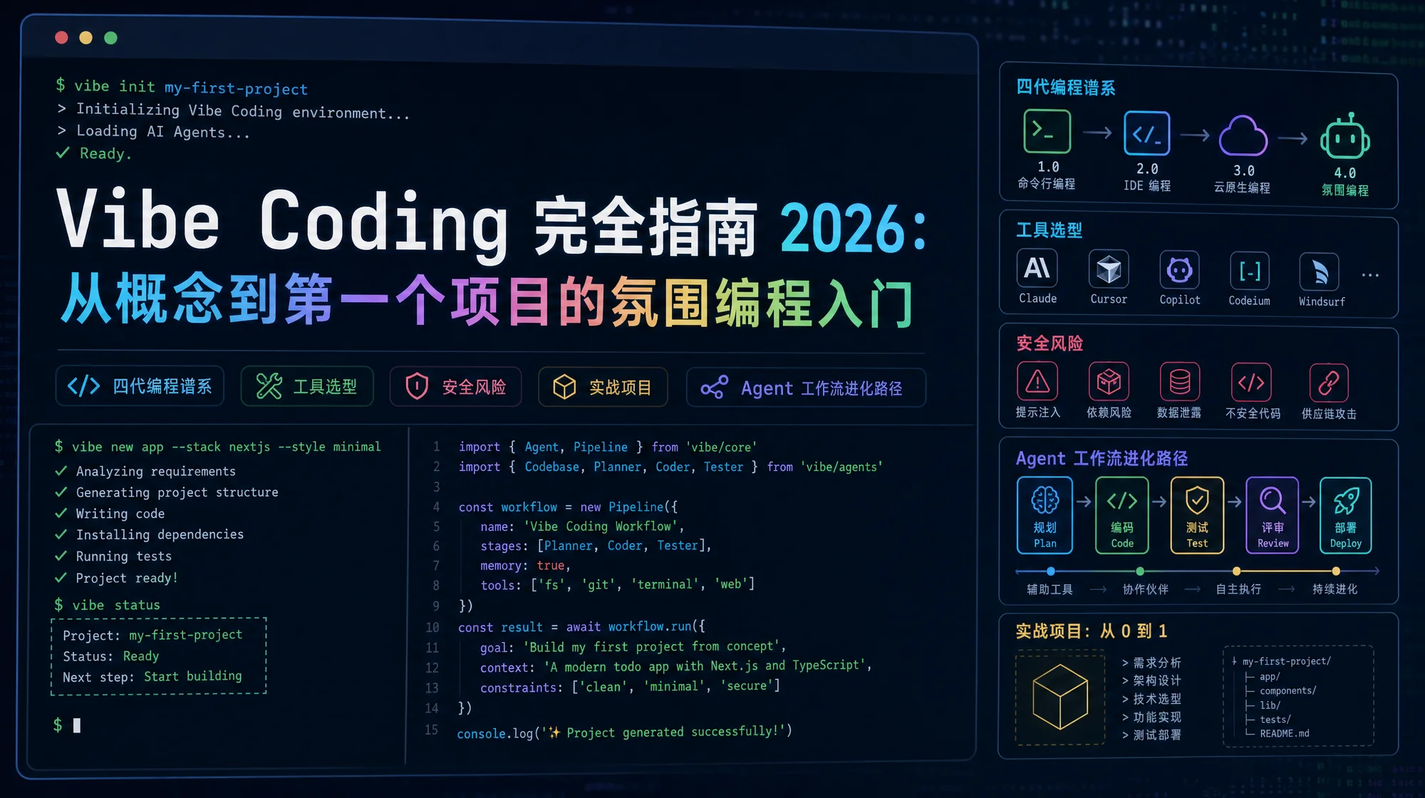渐变卡片风格封面：Vibe Coding 完全指南文章，柔和渐变和图文分区