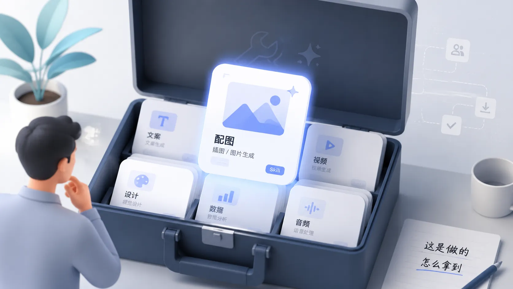 工具生态总览：配图 Skill 是整套 AI 编程工具体系中的一个模块，课程里还有数据采集、思维框架、知识库、多 Agent 调度等工具