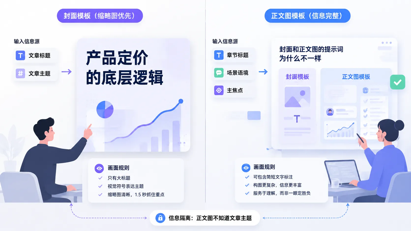 封面与正文图的提示词差异对比：封面收到文章标题和主题、只允许标题文字出现在画面，正文图只收到章节上下文、可以有简短文字标注