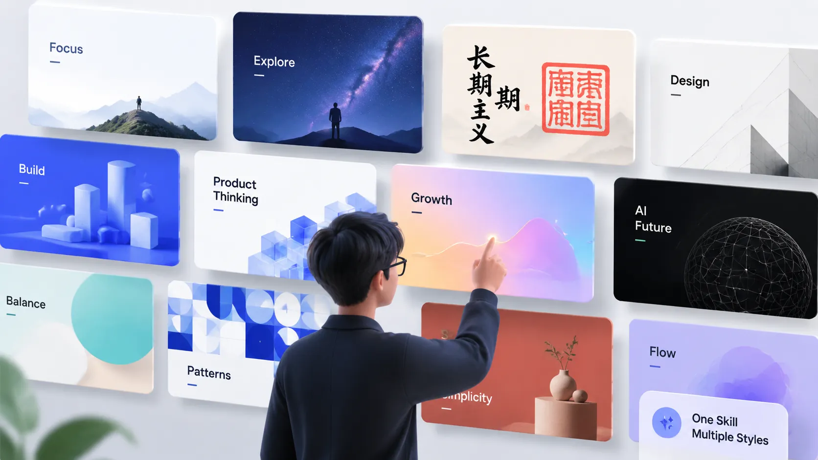 100 种视觉风格效果展示：从蓝白对比卡到星空城市叙事到中式朱印，每篇文章随机抽到不同的视觉调性
