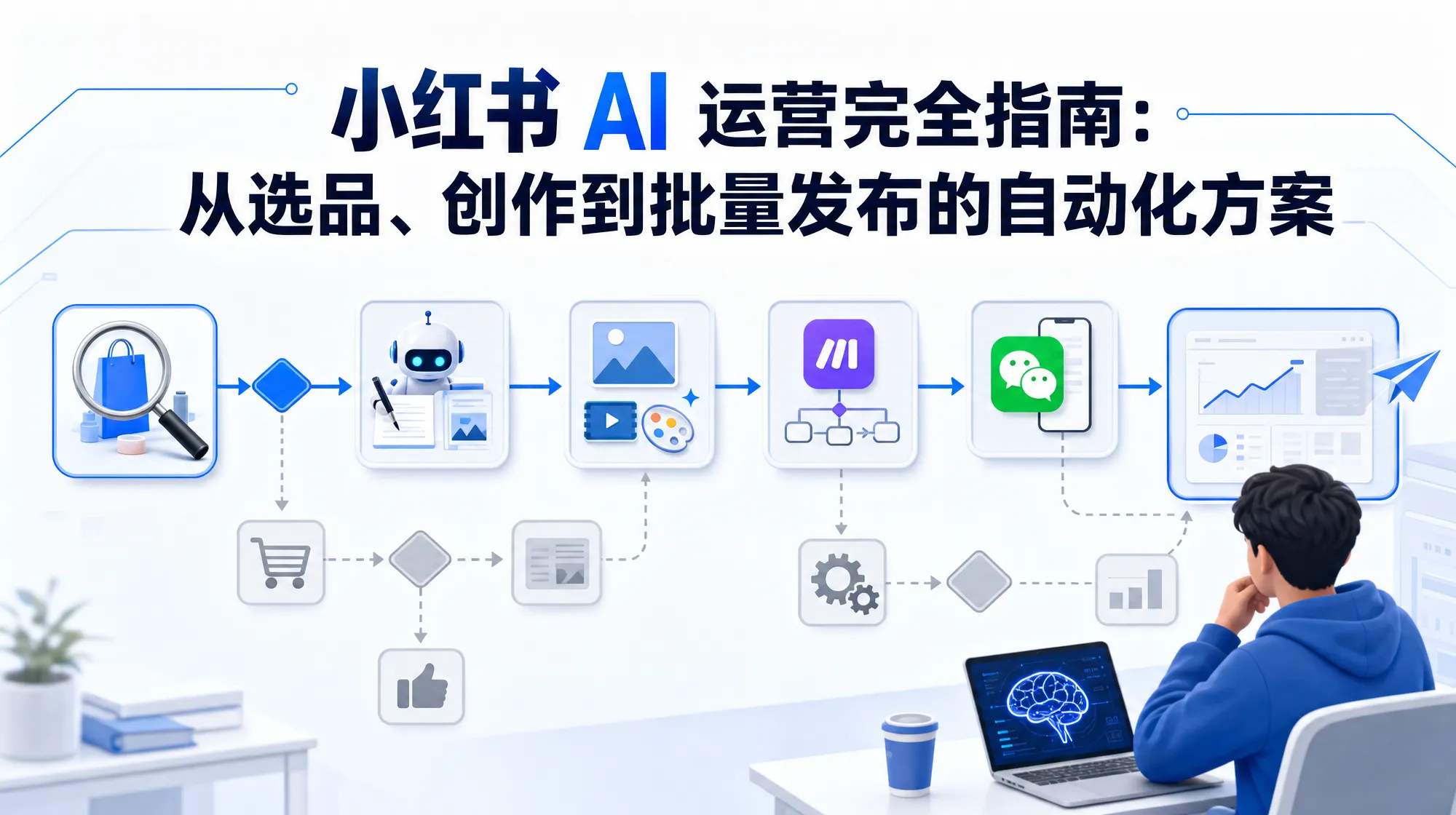 平台运营风格封面：小红书 AI 运营完全指南文章，竖屏适配风格
